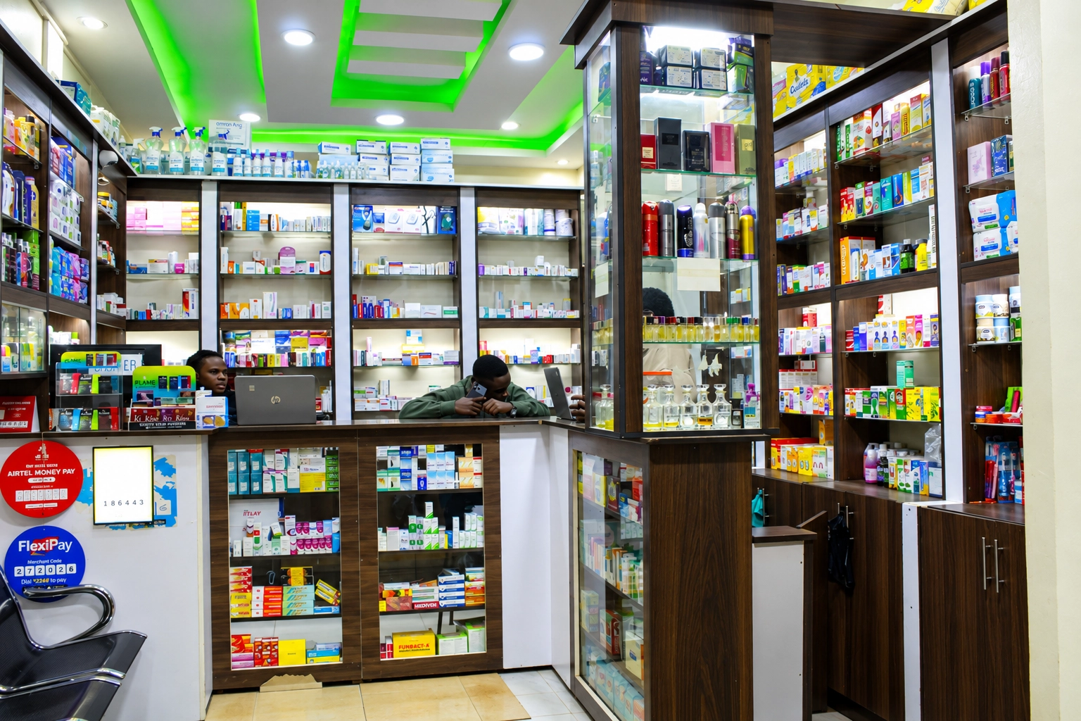 Kalidad Pharmacy Kahungabunyonyi Branch night interior